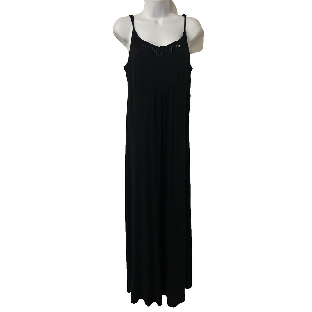 Calvin‎ Klein Black Knit Maxi Dress  Sz L Adj Spaghetti Straps Open Knot Bodice
